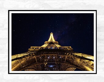 Paris Travel Print - Night Sky Eiffle Tower France at night -  Office Home Decor - A4 A3 A2 - Festival Merch