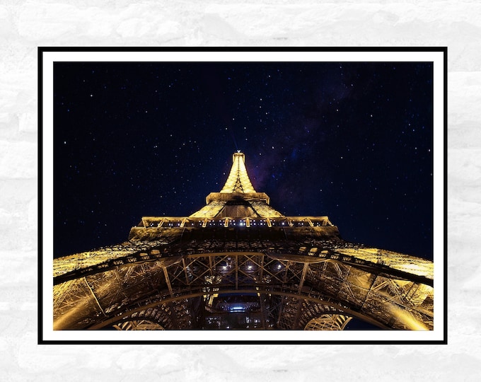 Paris Travel Print - Night Sky Eiffle Tower France at night -  Office Home Decor - A4 A3 A2 - Festival Merch