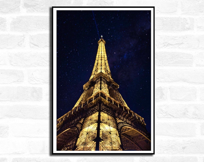 Paris Travel Print - Night Sky Eiffle Tower France at night -  Office Home Decor - A4 A3 A2 - Festival Merch