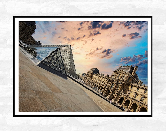 The Louvre Paris Travel Print - Night Sky Eiffle Tower France at night -  Office Home Decor - A4 A3 A2 - Festival Merch