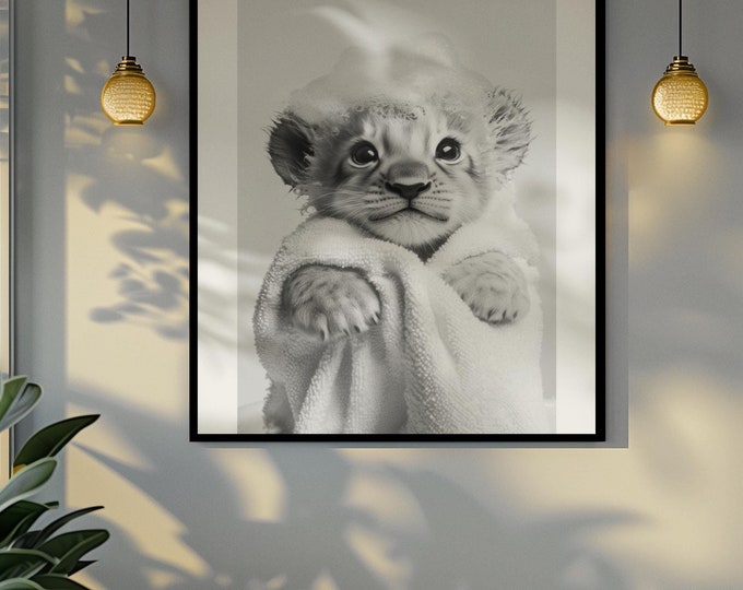 Funny bathroom Animal Lion Cub Print | Premium Quality UK British Printers | - Bathroom art toilet restroom Print rest room