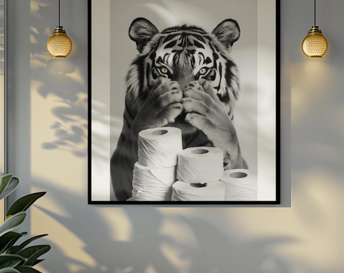 Funny bathroom Animal Tiger Print | Premium Quality UK British Printers | - Bathroom art toilet restroom Print rest room