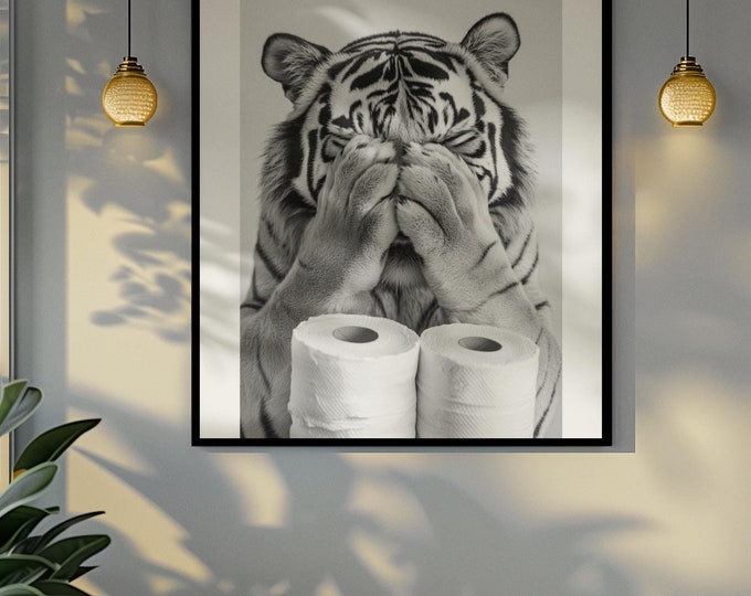 Funny bathroom Animal Tiger Print | Premium Quality UK British Printers | - Bathroom art toilet restroom Print rest room