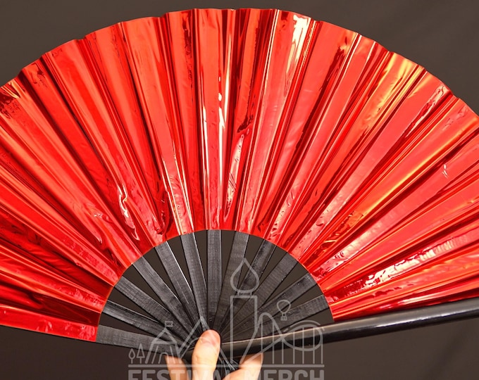 Iridescent Hand Fan XL Bamboo | Festival Merch | Vinyl Shimmer Clack Fan | EDM Rave accessories | Pride Festival | Holographic Ibiza Holiday
