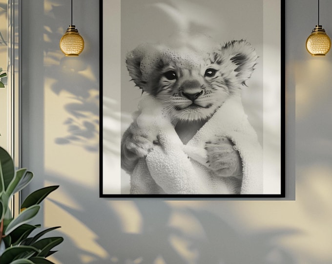 Funny bathroom Animal Lion Cub Print | Premium Quality UK British Printers | - Bathroom art toilet restroom Print rest room