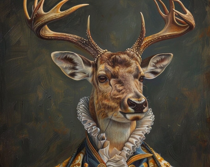 Premium Stag Pet Portrait Oil painting Vintage Funny Animal Wall Art Regal Renaissance Human outfit Deer antler - A4 A3 A2 - Festival Merch