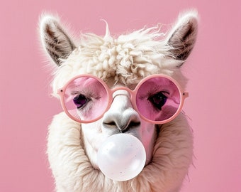 Funny Animal Wall Art Pink Llama bubble gum wearing glasses  - A4 A3 A2 - Festival Merch