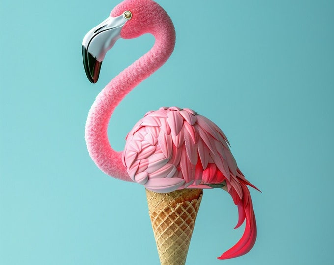 Funny Animal Wall Art Pink Flamingo ice cream and cone  - A4 A3 A2 - Festival Merch