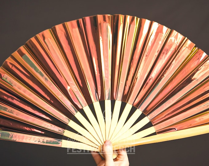 Iridescent Hand Fan XL Bamboo | Festival Merch | Vinyl Shimmer Clack Fan | EDM Rave accessories | Pride Festival | Holographic Ibiza Holiday