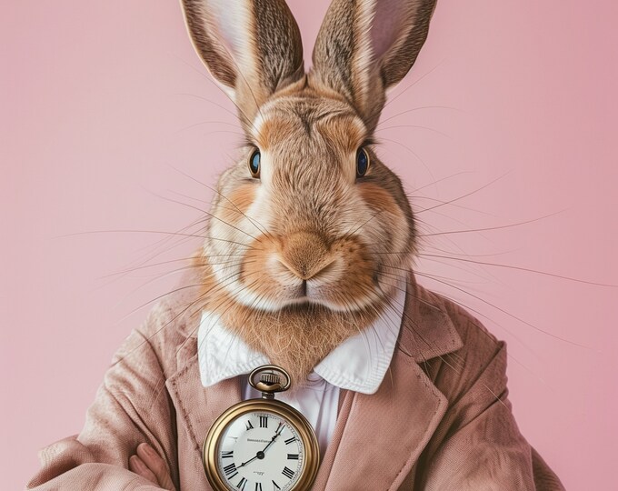 Funny Animal Wall Art Pink Rabbit Alice in wonderland you're late  - A4 A3 A2 - Festival Merch