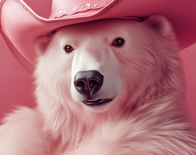 Funny Animal Wall Art Pink Polar Bear wearing cowboy hat cowgirl hat Tropical - A4 A3 A2 - Festival Merch