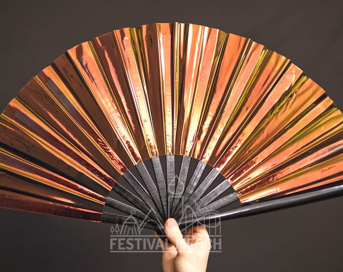 Iridescent Hand Fan XL Bamboo | Festival Merch | Vinyl Shimmer Clack Fan | EDM Rave accessories | Pride Festival | Holographic Ibiza Holiday