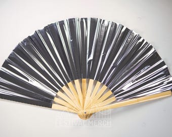 Iridescent Hand Fan XL Bamboo | Festival Merch | Vinyl Shimmer Clack Fan | EDM Rave accessories | Pride Festival | Holographic Ibiza Holiday
