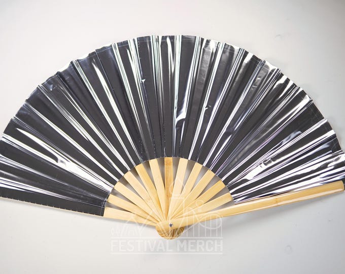 Iridescent Hand Fan XL Bamboo | Festival Merch | Vinyl Shimmer Clack Fan | EDM Rave accessories | Pride Festival | Holographic Ibiza Holiday
