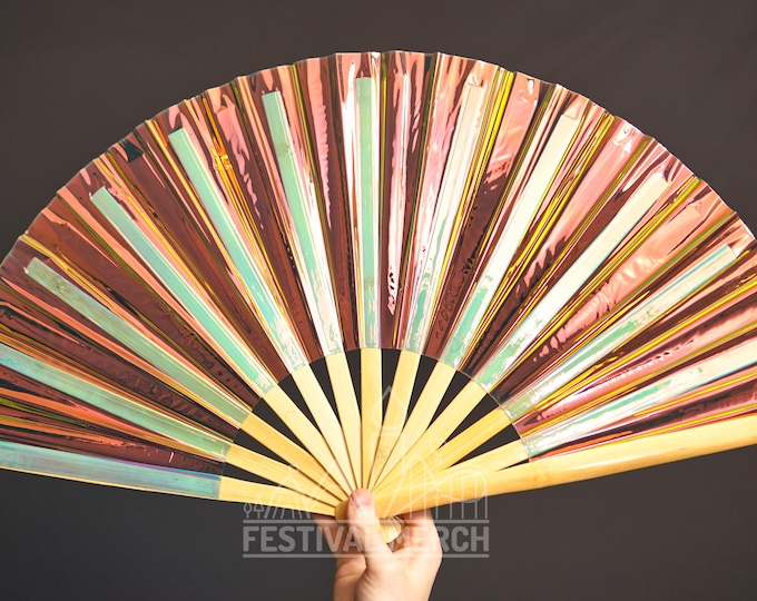 Iridescent Hand Fan XL Bamboo | Festival Merch | Vinyl Shimmer Clack Fan | EDM Rave accessories | Pride Festival | Holographic Ibiza Holiday