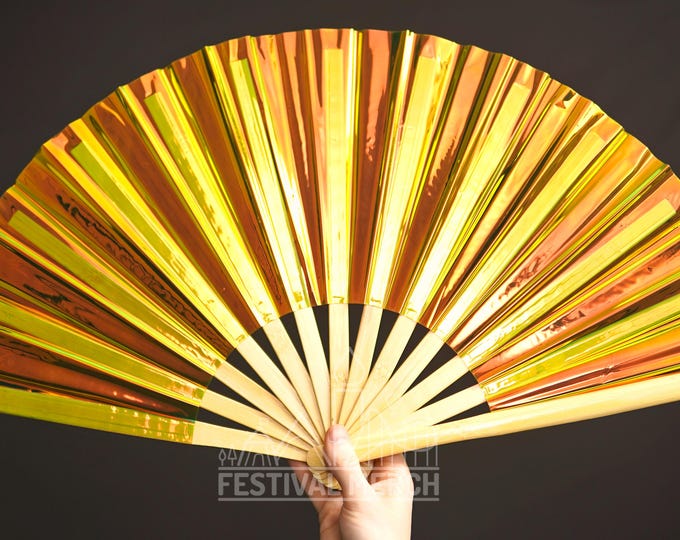 Iridescent Hand Fan XL Bamboo | Festival Merch | Vinyl Shimmer Clack Fan | EDM Rave accessories | Pride Festival | Holographic Ibiza Holiday
