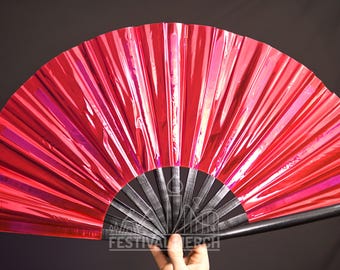 Iridescent Hand Fan XL Bamboo | Festival Merch | Vinyl Shimmer Clack Fan | EDM Rave accessories | Pride Festival | Holographic Ibiza Holiday