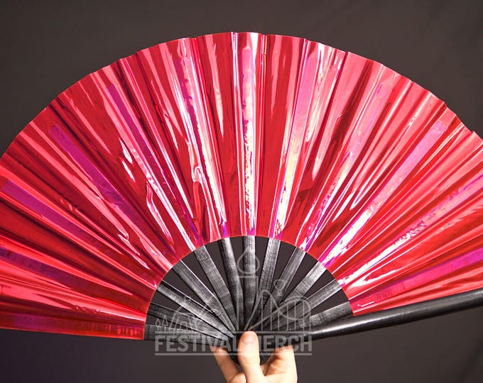 Iridescent Hand Fan XL Bamboo | Festival Merch | Vinyl Shimmer Clack Fan | EDM Rave accessories | Pride Festival | Holographic Ibiza Holiday