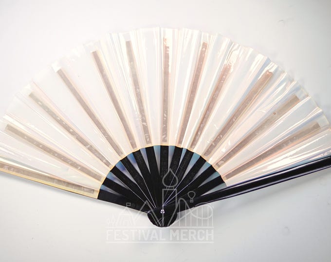 Iridescent Hand Fan XL Bamboo | Festival Merch | Vinyl Shimmer Clack Fan | EDM Rave accessories | Pride Festival | Holographic Ibiza Holiday
