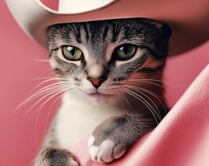Funny Animal Wall Art Cat wearing cowboy hat cowgirl hat Tropical - A4 A3 A2 - Festival Merch