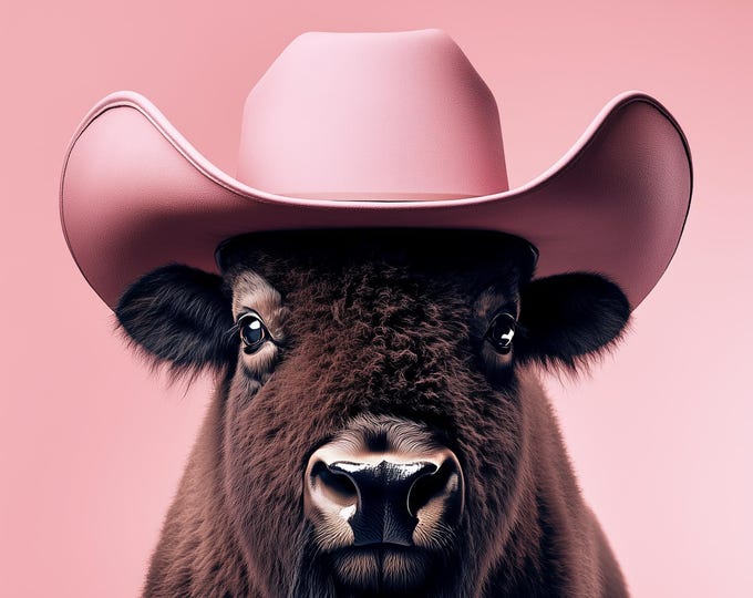 Funny Animal Wall Art American Buffalo wearing cowboy hat cowgirl hat Tropical - A4 A3 A2 - Festival Merch