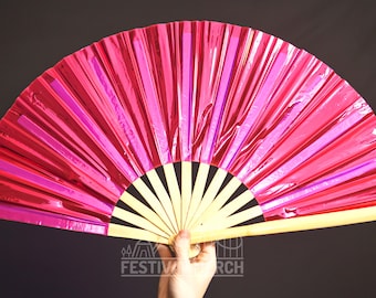 Iridescent Hand Fan XL Bamboo | Festival Merch | Vinyl Shimmer Clack Fan | EDM Rave accessories | Pride Festival | Holographic Ibiza Holiday