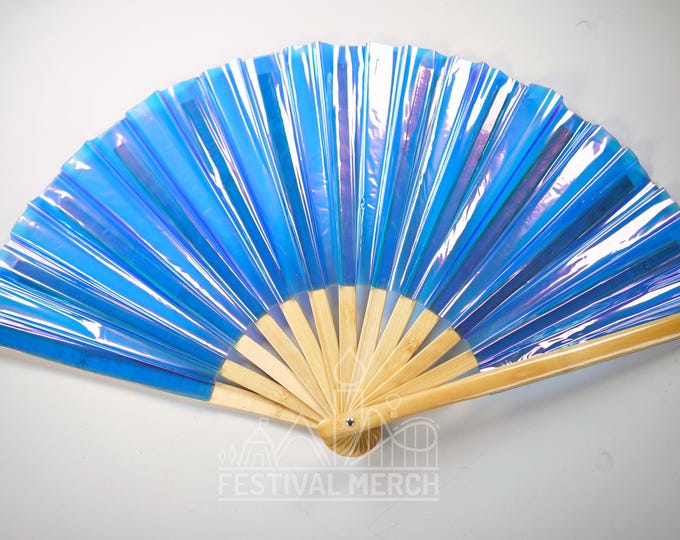 Iridescent Hand Fan XL Bamboo | Festival Merch | Vinyl Shimmer Clack Fan | EDM Rave accessories | Pride Festival | Holographic Ibiza Holiday