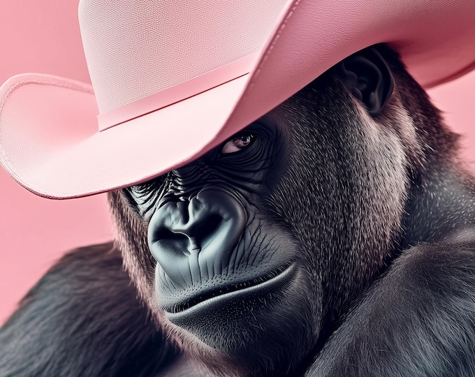 Funny Animal Wall Art Gorilla wearing cowboy hat cowgirl hat Tropical - A4 A3 A2 - Festival Merch