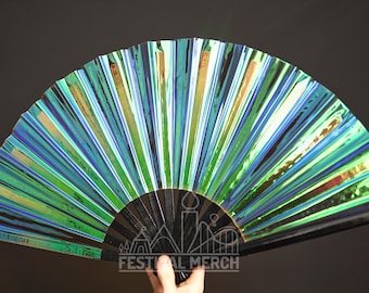 Iridescent Hand Fan XL Bamboo | Festival Merch | Vinyl Shimmer Clack Fan | EDM Rave accessories | Pride Festival | Holographic Ibiza Holiday