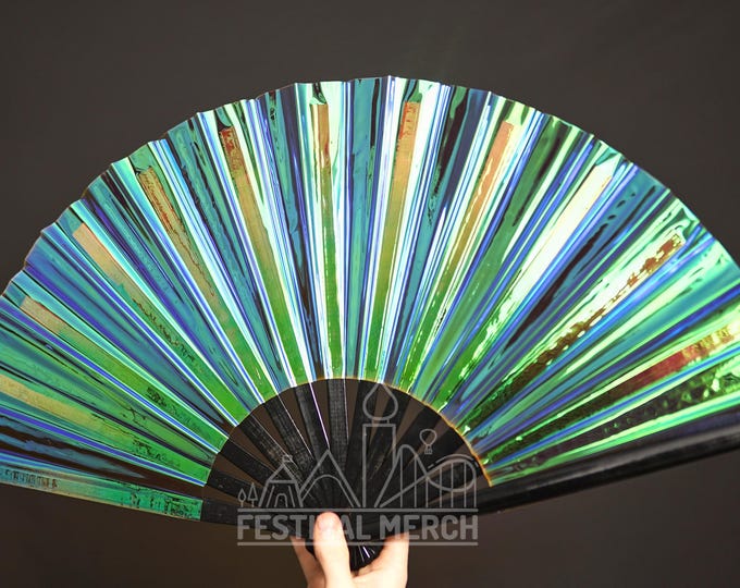 Iridescent Hand Fan XL Bamboo | Festival Merch | Vinyl Shimmer Clack Fan | EDM Rave accessories | Pride Festival | Holographic Ibiza Holiday