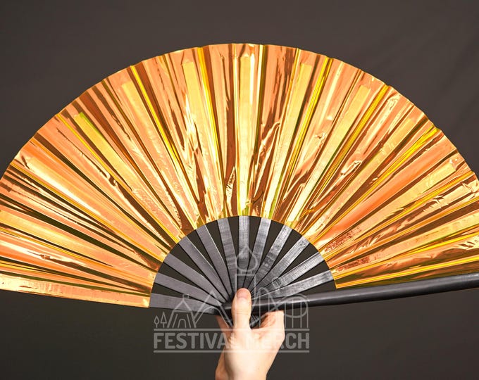 Iridescent Hand Fan XL Bamboo | Festival Merch | Vinyl Shimmer Clack Fan | EDM Rave accessories | Pride Festival | Holographic Ibiza Holiday