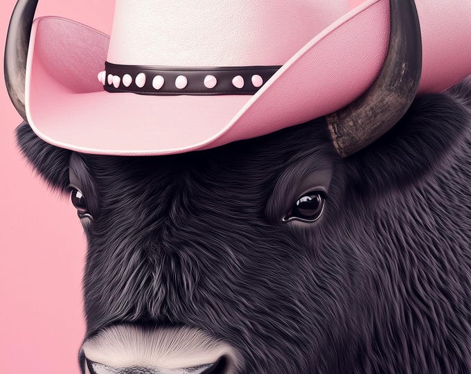 Funny Animal Wall Art American Buffalo wearing cowboy hat cowgirl hat Tropical - A4 A3 A2 - Festival Merch