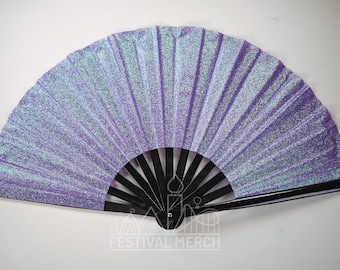 Iridescent Hand Fan XL Bamboo | Festival Merch | Vinyl Shimmer Clack Fan | EDM Rave accessories | Pride Festival | Holographic Ibiza Holiday