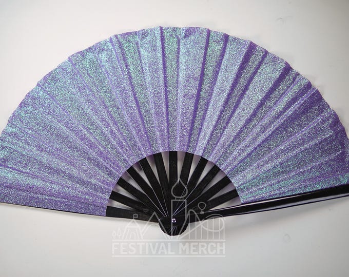 Iridescent Hand Fan XL Bamboo | Festival Merch | Vinyl Shimmer Clack Fan | EDM Rave accessories | Pride Festival | Holographic Ibiza Holiday