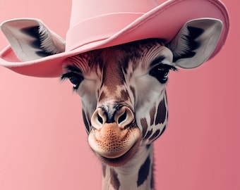 Funny Animal Wall Art Giraffe wearing cowboy hat cowgirl hat Tropical - A4 A3 A2 - Festival Merch