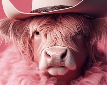 Funny Animal Wall Art Highland Cow wearing cowboy hat cowgirl hat Tropical - A4 A3 A2 - Festival Merch