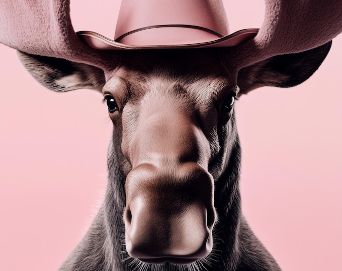 Funny Animal Wall Art American Moose wearing cowboy hat cowgirl hat Tropical - A4 A3 A2 - Festival Merch