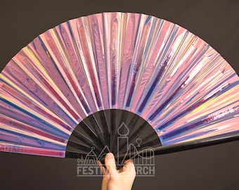 Iridescent Hand Fan XL Bamboo | Festival Merch | Vinyl Shimmer Clack Fan | EDM Rave accessories | Pride Festival | Holographic Ibiza Holiday