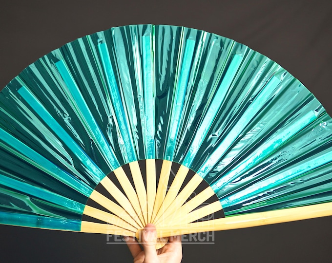 Iridescent Hand Fan XL Bamboo | Festival Merch | Vinyl Shimmer Clack Fan | EDM Rave accessories | Pride Festival | Holographic Ibiza Holiday