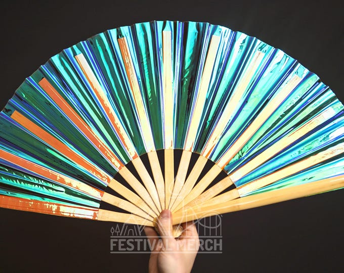 Iridescent Hand Fan XL Bamboo | Festival Merch | Vinyl Shimmer Clack Fan | EDM Rave accessories | Pride Festival | Holographic Ibiza Holiday