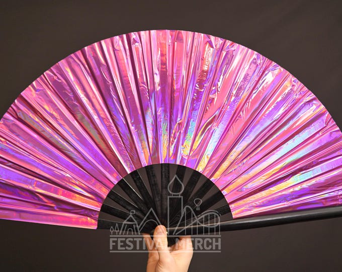 Iridescent Hand Fan XL Bamboo | Festival Merch | Vinyl Shimmer Clack Fan | EDM Rave accessories | Pride Festival | Holographic Ibiza Holiday