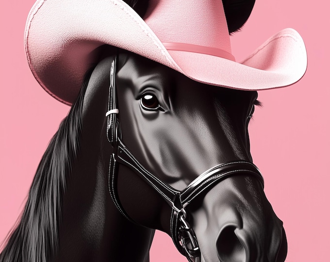 Funny Animal Wall Art Black Horse wearing cowboy hat cowgirl hat Tropical Black Beauty - A4 A3 A2 - Festival Merch