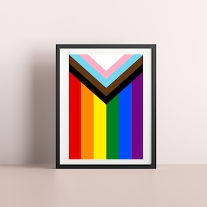 May include: A framed print of a rainbow flag with a black, brown, light blue, pink, and white chevron design in the centre.