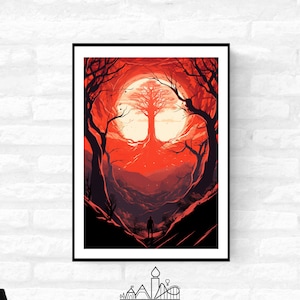 Può includere: Una stampa d'arte digitale di una silhouette di una persona in piedi in una foresta oscura con una grande luna rossa e un albero sullo sfondo. La stampa è intitolata "Festival Merch" e include l'indirizzo del sito web www.festivalmerch.uk.