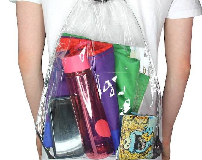 Clear Bag - Draw string Backpack PVC - For light items only - Waterproof easy to clean - Transparent Music Festival stadium school