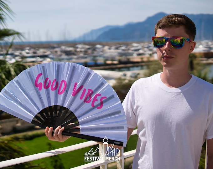 Clack Fan - HAND FAN Large 25"  Holographic Good Vibes - ibiza Holiday Neon Dragcon rpdr drag queen  - Festival Merch - heat wave keep cool