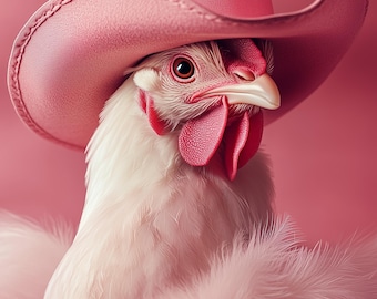 Funny Animal Wall Art Chicken Rooster wearing cowboy hat cowgirl hat Tropical - A4 A3 A2 - Festival Merch