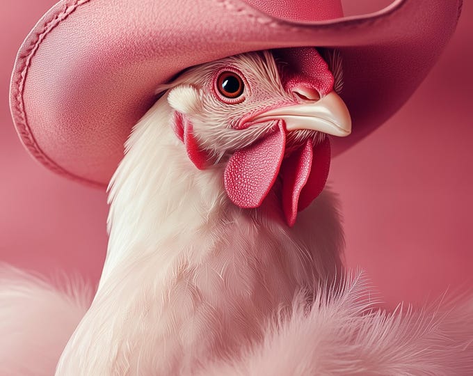 Funny Animal Wall Art Chicken Rooster wearing cowboy hat cowgirl hat Tropical - A4 A3 A2 - Festival Merch