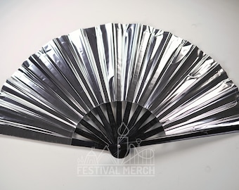 Iridescent Hand Fan XL Bamboo | Festival Merch | Vinyl Shimmer Clack Fan | EDM Rave accessories | Pride Festival | Holographic Ibiza Holiday