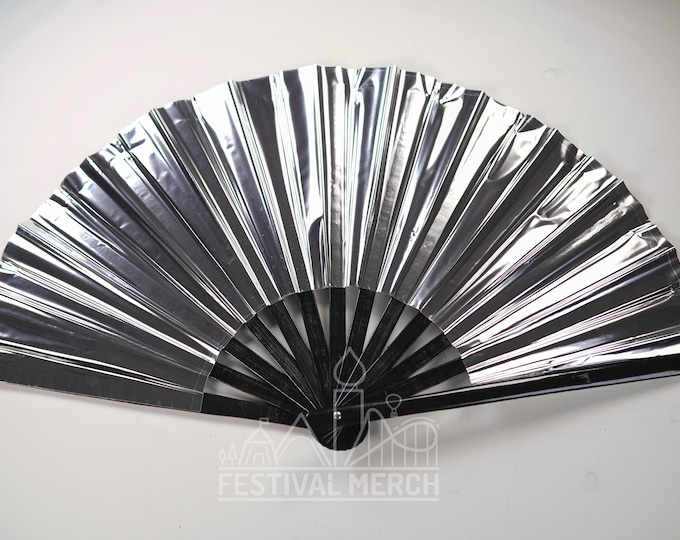 Iridescent Hand Fan XL Bamboo | Festival Merch | Vinyl Shimmer Clack Fan | EDM Rave accessories | Pride Festival | Holographic Ibiza Holiday